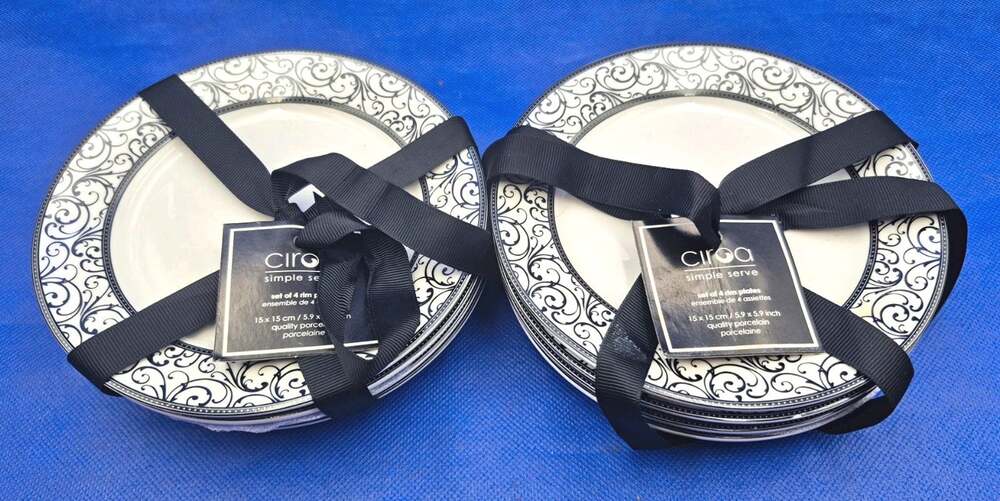 NEW Ciroa Veluto Black Porcelain Dessert/Appetizer Plates 5.9" B/W Scroll Set/8